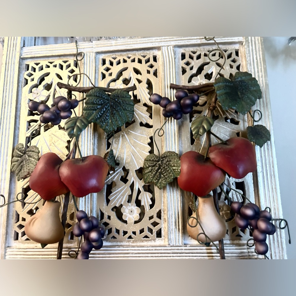 VINTAGE Homco Metal Fruit Set of 2 Wall Sconces 18" colorful candle holders